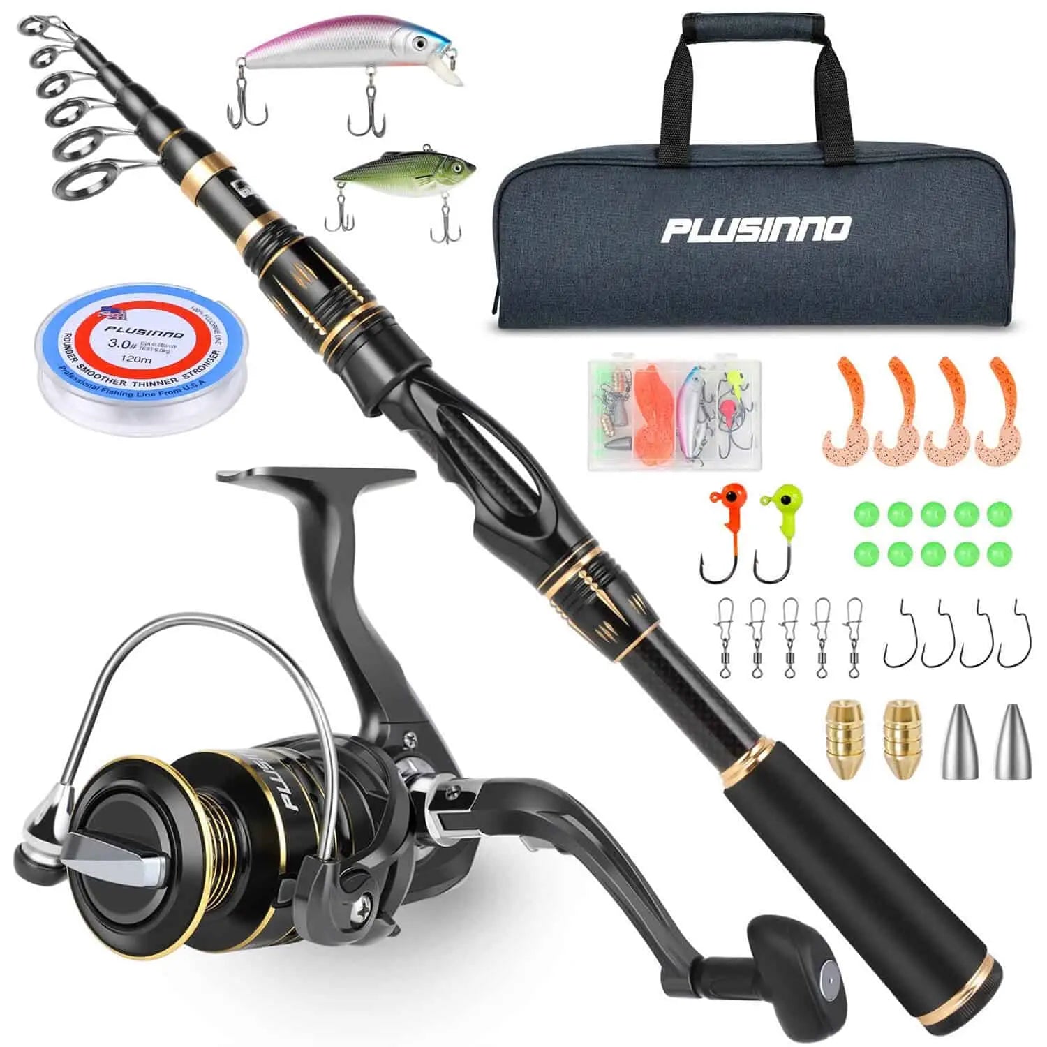 PLUSINNO Spinning Rod and Reel Combos Telescopic Fishing Rod Pole with Reel  Line Lures Hoo…