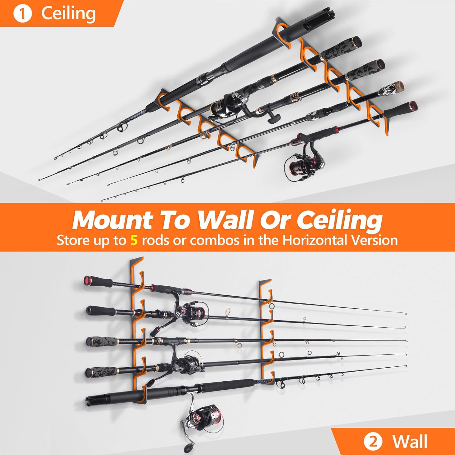 PLUSINNO Orange H5 Horizontal Fishing Rod Holder for Wall and Ceiling