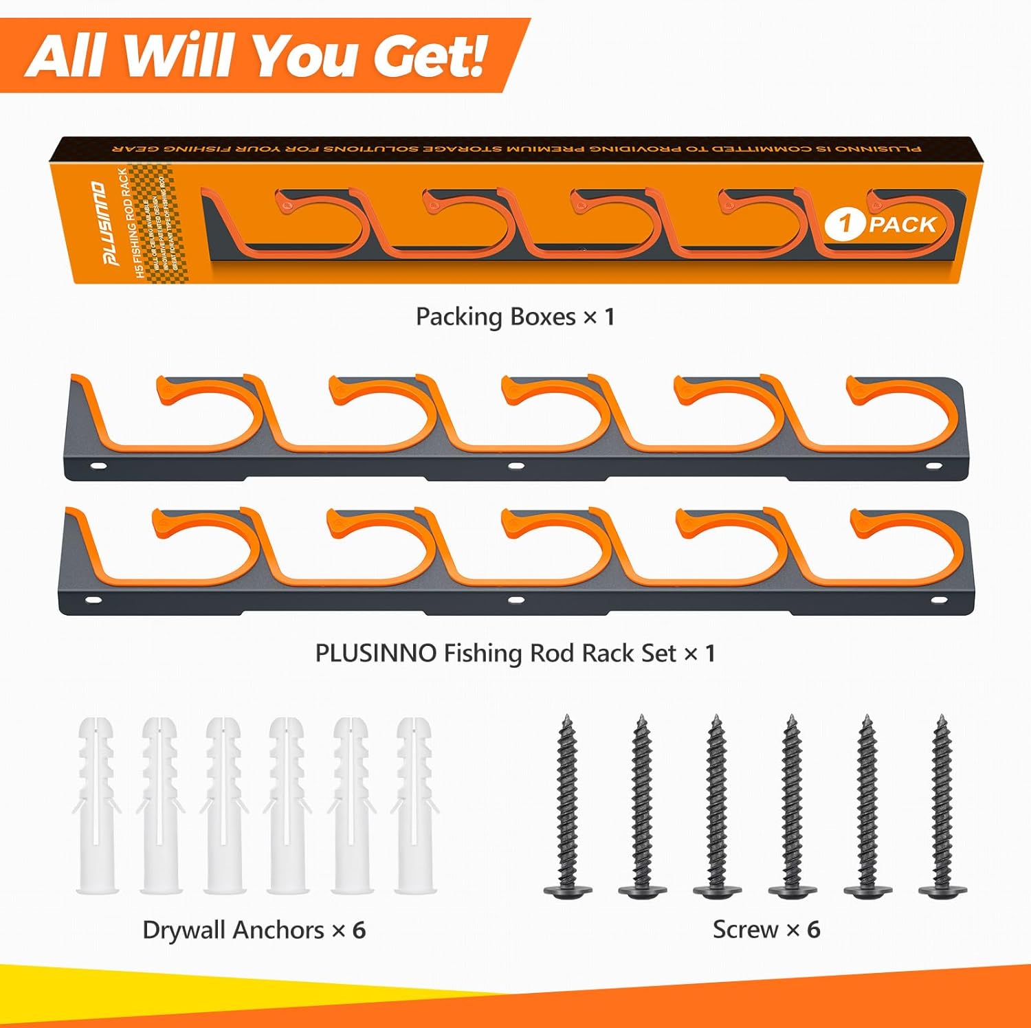 PLUSINNO Orange H5 Horizontal Fishing Rod Holder for Wall and Ceiling