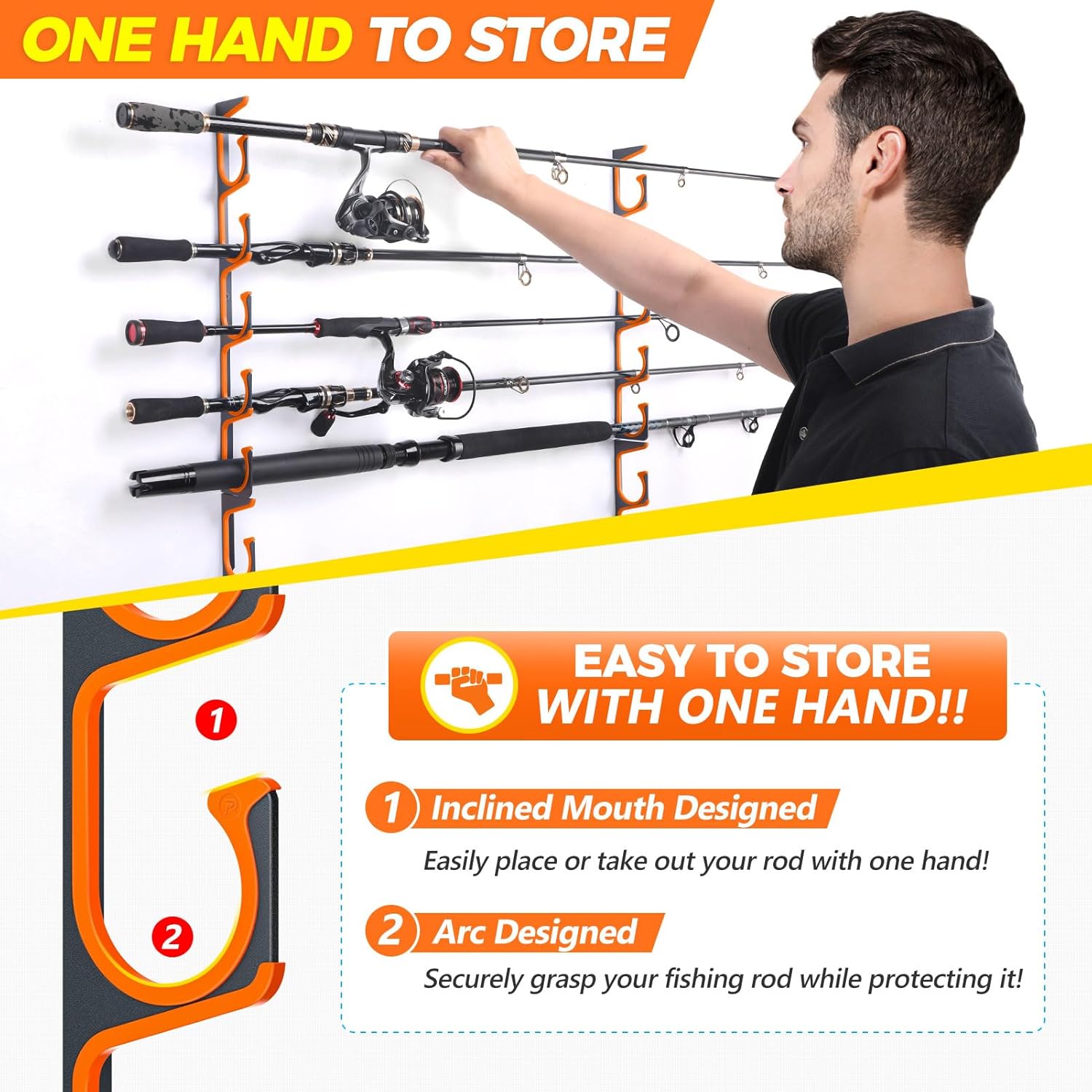 PLUSINNO Orange H5 Horizontal Fishing Rod Holder for Wall and Ceiling