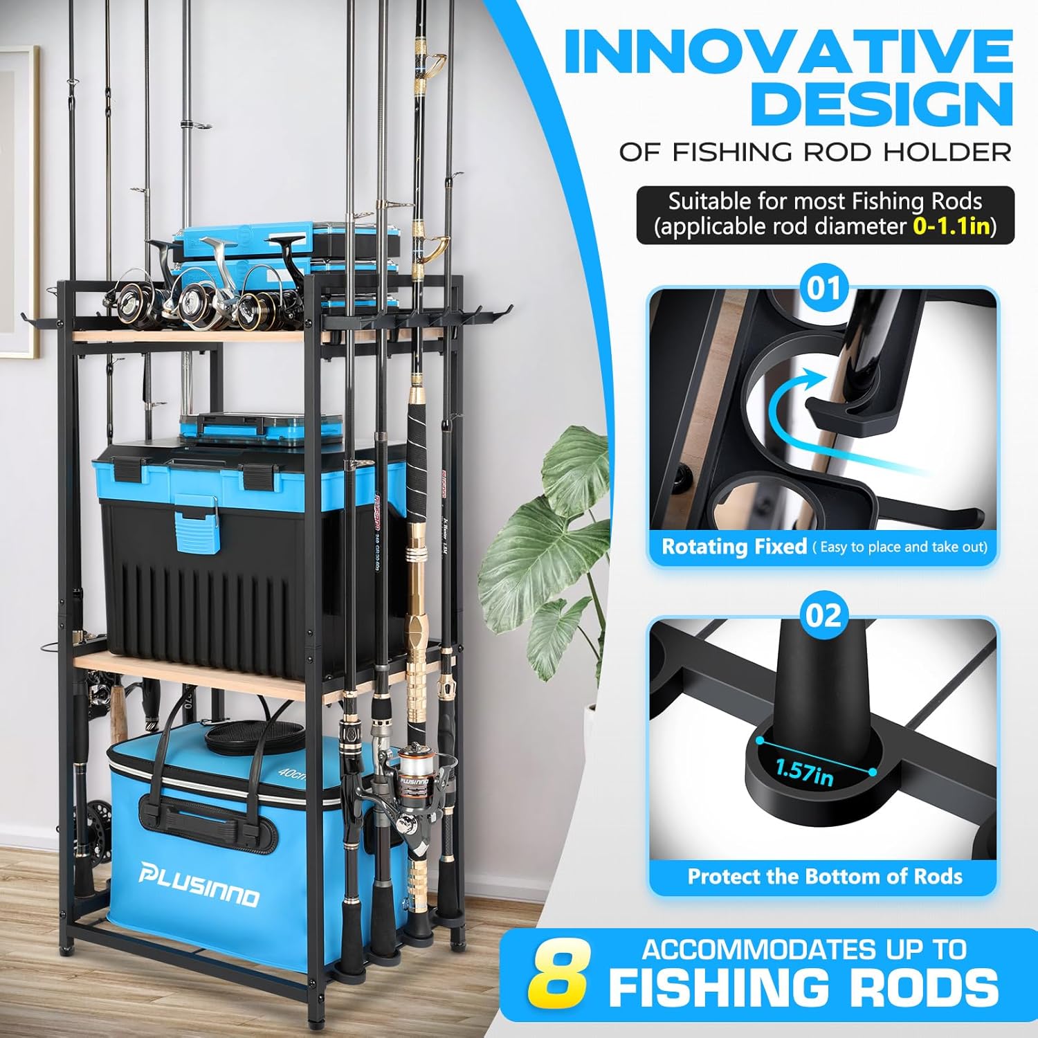 PLUSINNO 3 Tier Fishing Rod Holder, Fishing Pole Holders for Garage,  Storage Up to 8 Rods,