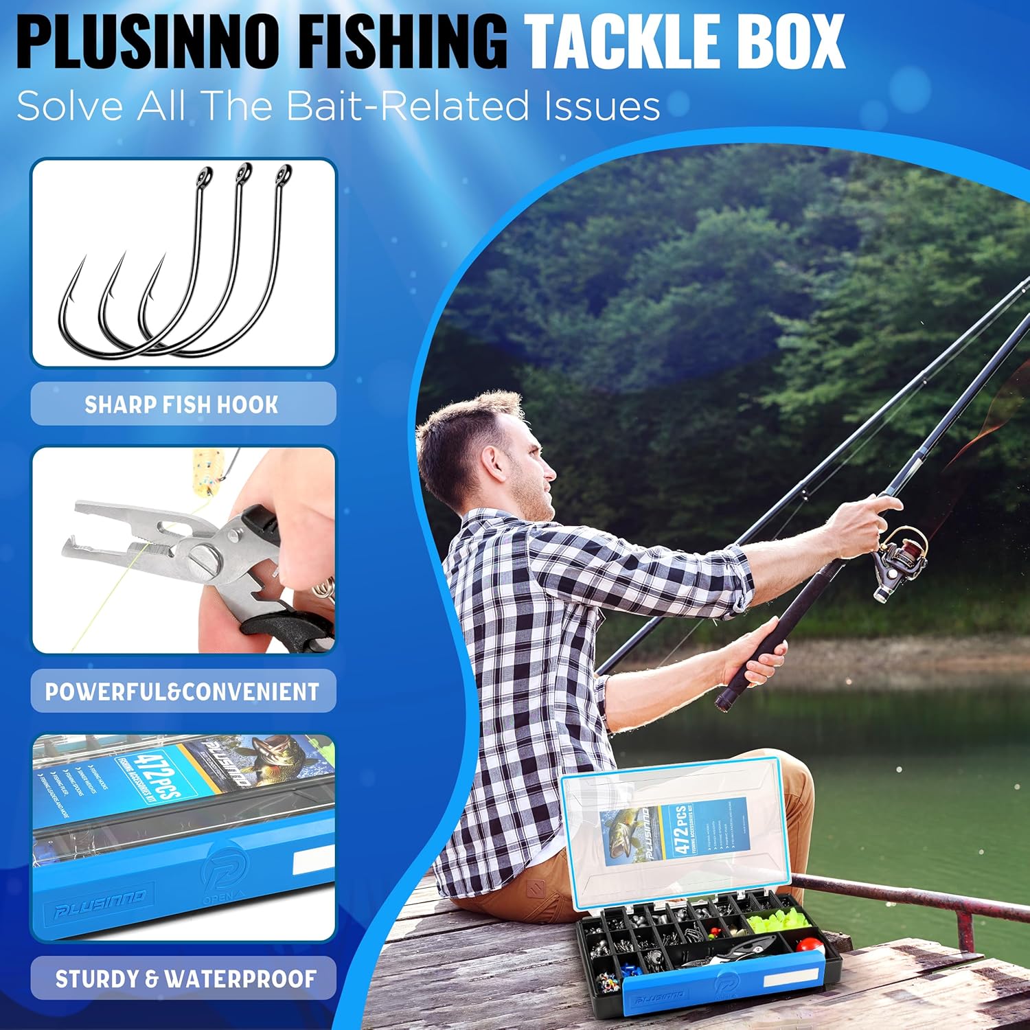 PLUSINNO 472PCS Fishing Accessories Kit, Waterproof Fishing Tackle Box with Tackle Included,