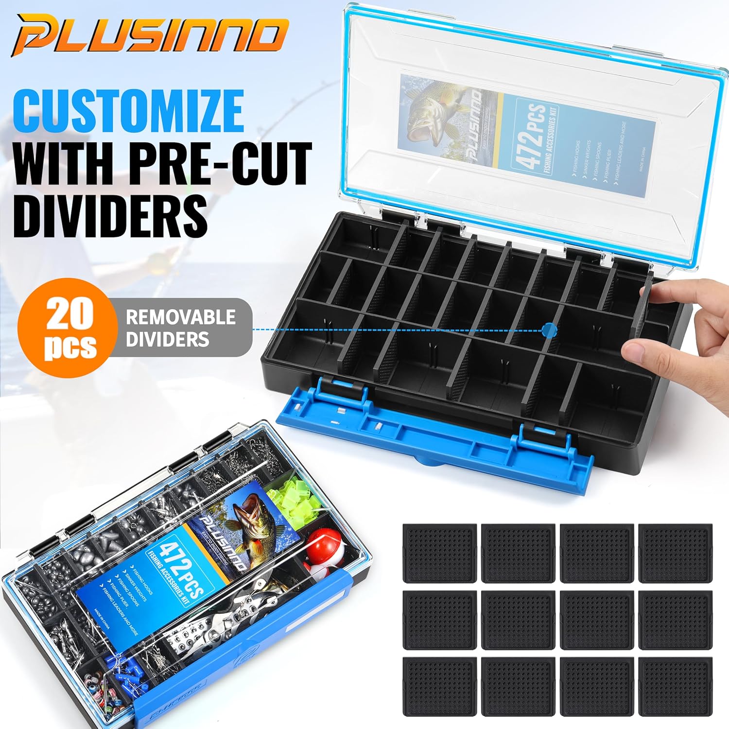 PLUSINNO 472PCS Fishing Accessories Kit, Waterproof Fishing Tackle Box with Tackle Included,