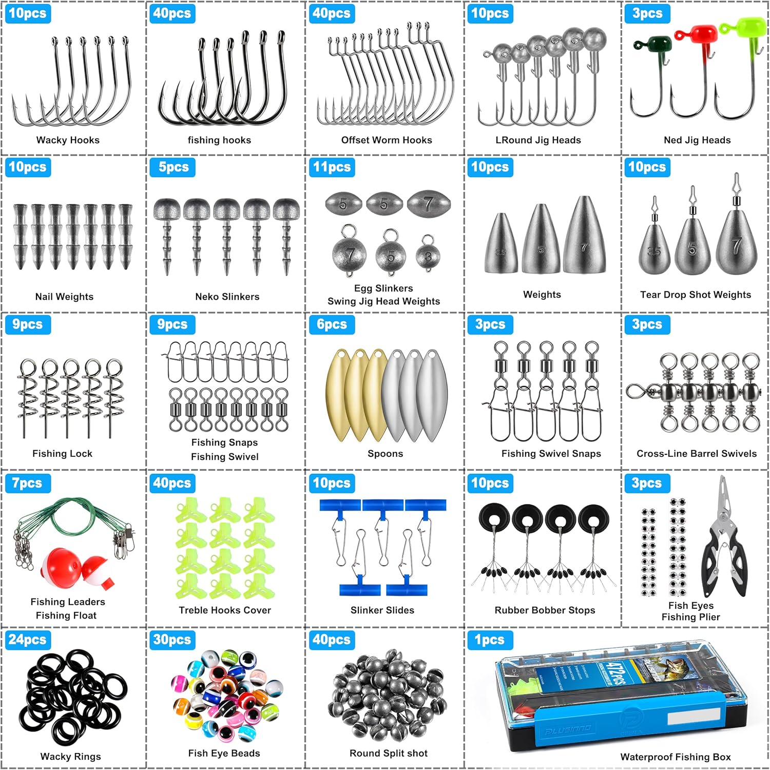 PLUSINNO 472PCS Fishing Accessories Kit, Waterproof Fishing Tackle Box with Tackle Included,