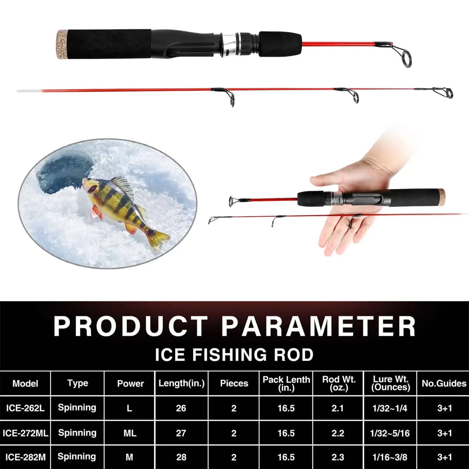 PLUSINNO Ultralight Winter Ice Fishing Rod Reel Combo 262728 inch. Medium  Light Fast Action Multi-Species Spinning Ice Fishing Pole Tackle Walleye