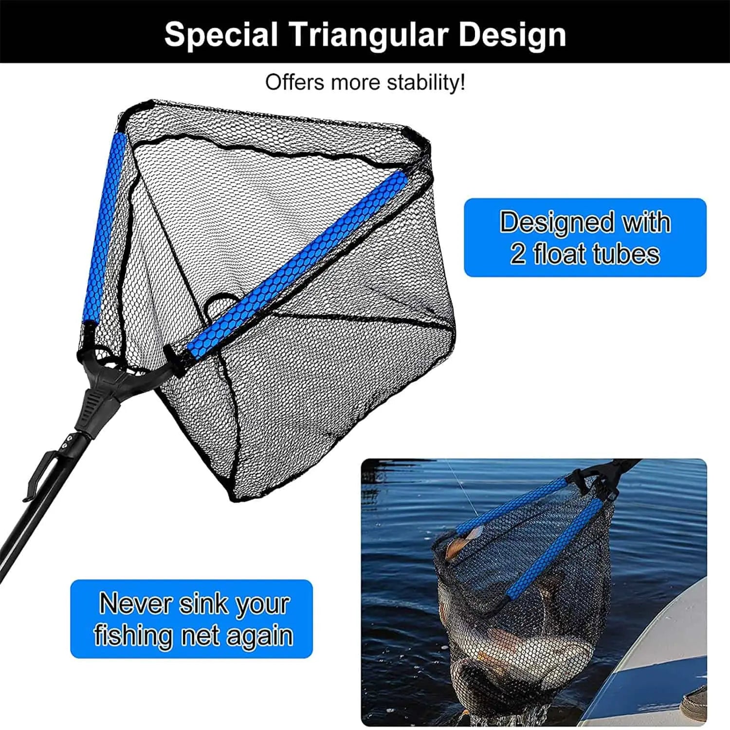 PLUSINNO FN3 Triangular Floating Fish Landing Net with Fixed Pole – Plusinno