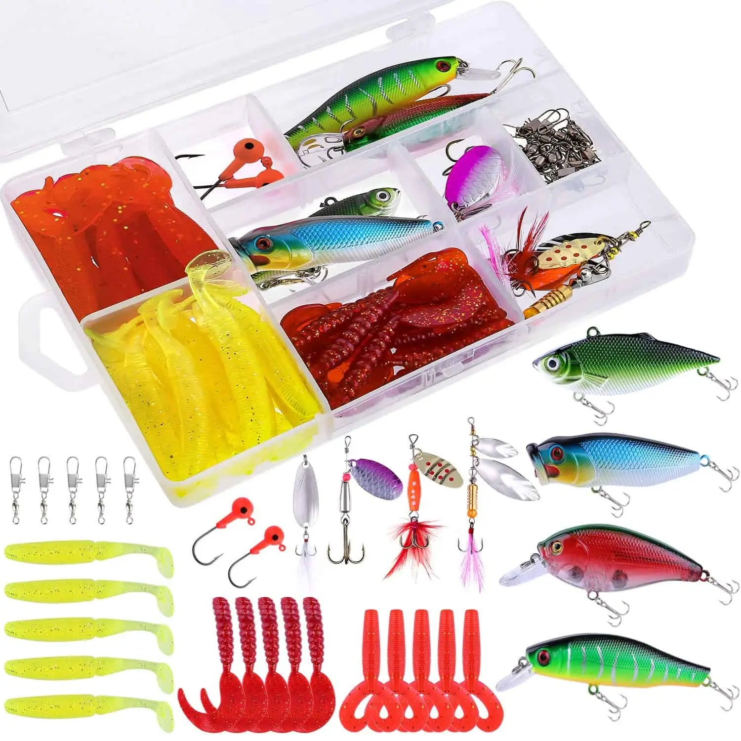  PLUSINNO Fishing Lures Baits Tackle, BEST BASS Fishing Lures  Including Crankbaits, Spinnerbaits, Plastic worms, Jigs, Topwater Lures ,  Tackle Box and More Fishing Gear Lures Kit Set : Sports & Outdoors