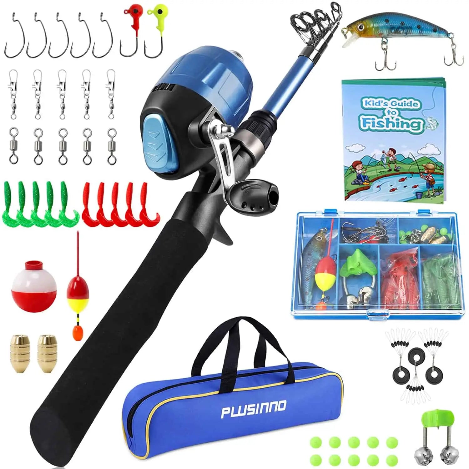 Oystern Kid's Fishing Pole Kit with Spinning Reel - 62 Piece Tackle Bag,  4lb Line - Including Beginner's Guide eBook - Toddler Fishing Pole Combo -  Youth Telescopic Portable Rod - Kids