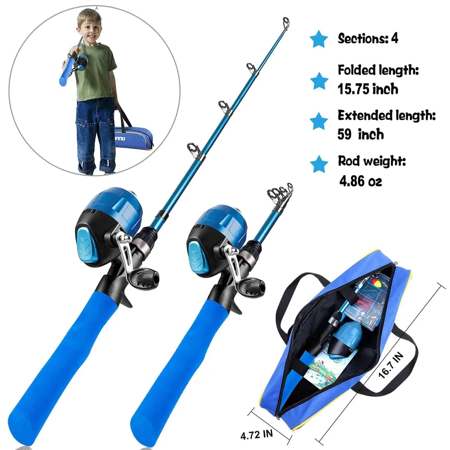 PLUSINNO Kids Fishing Pole with Spincast Reel Telescopic Fishing