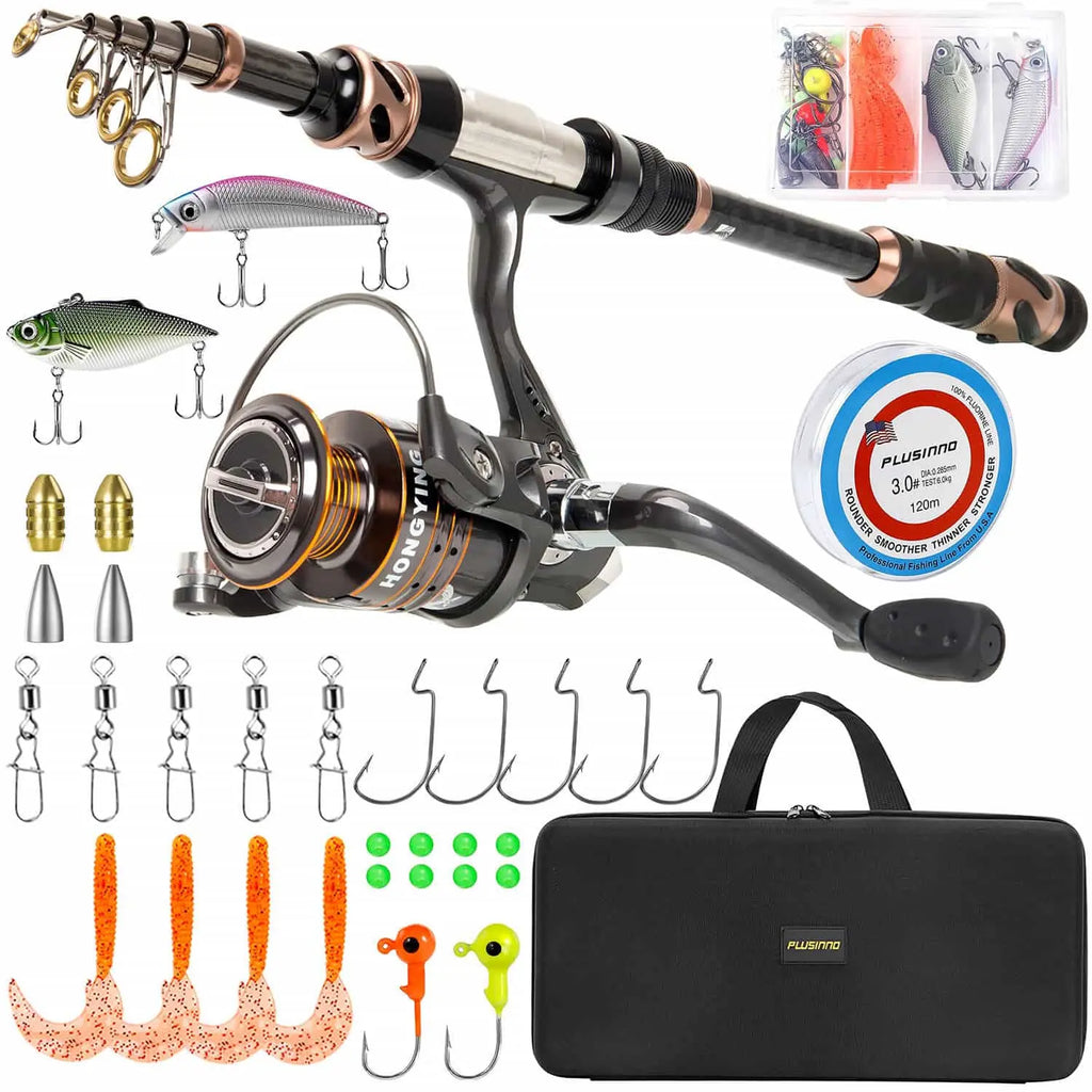 PLUSINNO Eagle Hunting I Spinning Rod and Reel Combos Telescopic Fishing Rod Pole with Reel Line Lures Hooks Fishing Carrier Bag Case and Accessories(