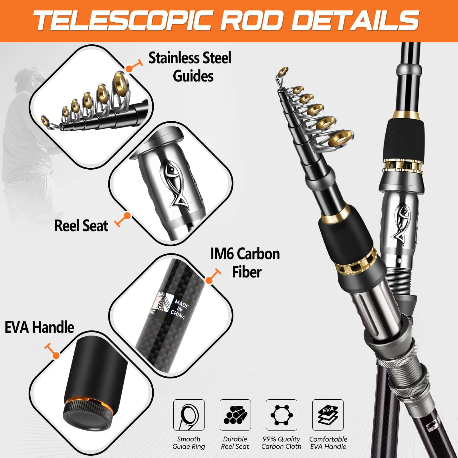 Fishing Rod Kit Carbon Fiber Reel Combo Pole And Telescopic