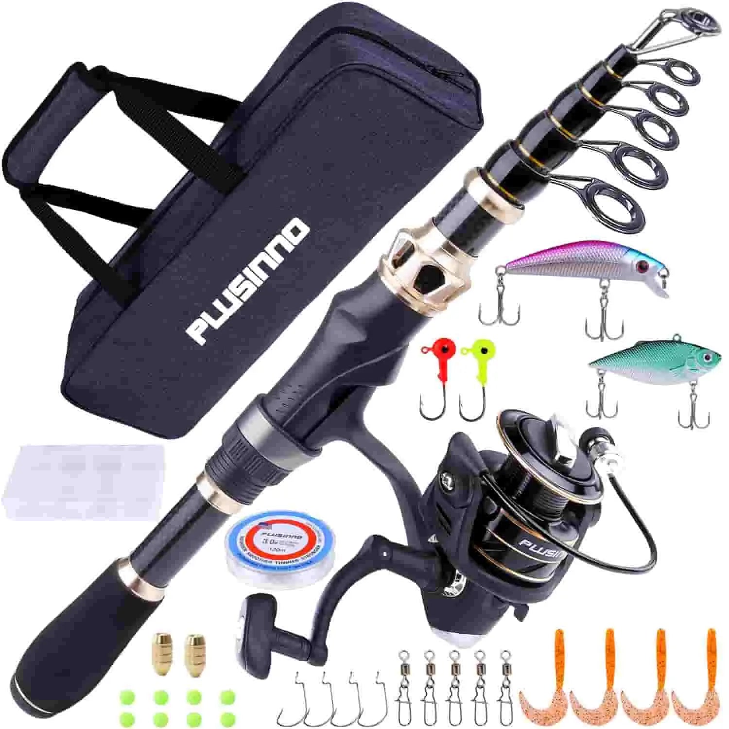 PLUSINNO Telescopic Fishing Rod and Reel Combos Full Kit, Carbon Fiber Fishing  Pole, 12 +1 Shielded Bearings Stainless Steel BB Spinning Reel