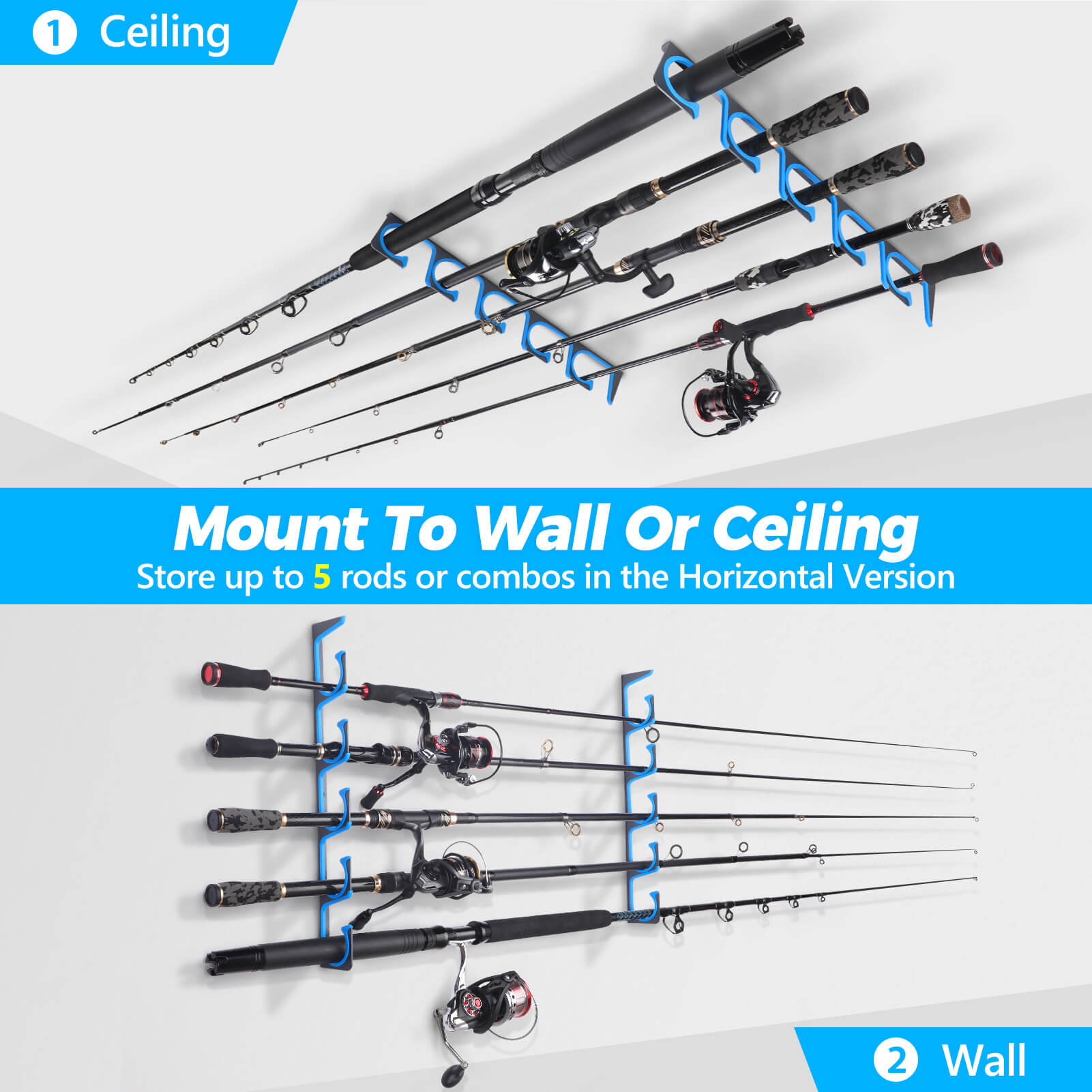 PLUSINNO H5 Horizontal Fishing Rod Holder for Wall and Ceiling