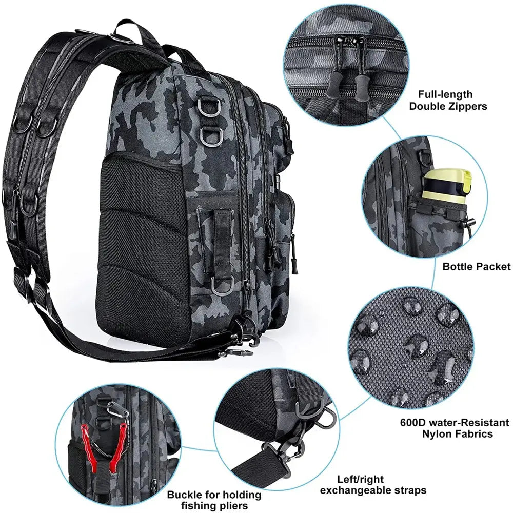 Rodeel Fishing Tackle Sling Shlouder Backpack with Fishing Rod Holder, Lure  Bag, Water Resistant & Weatherproof, Large Storage