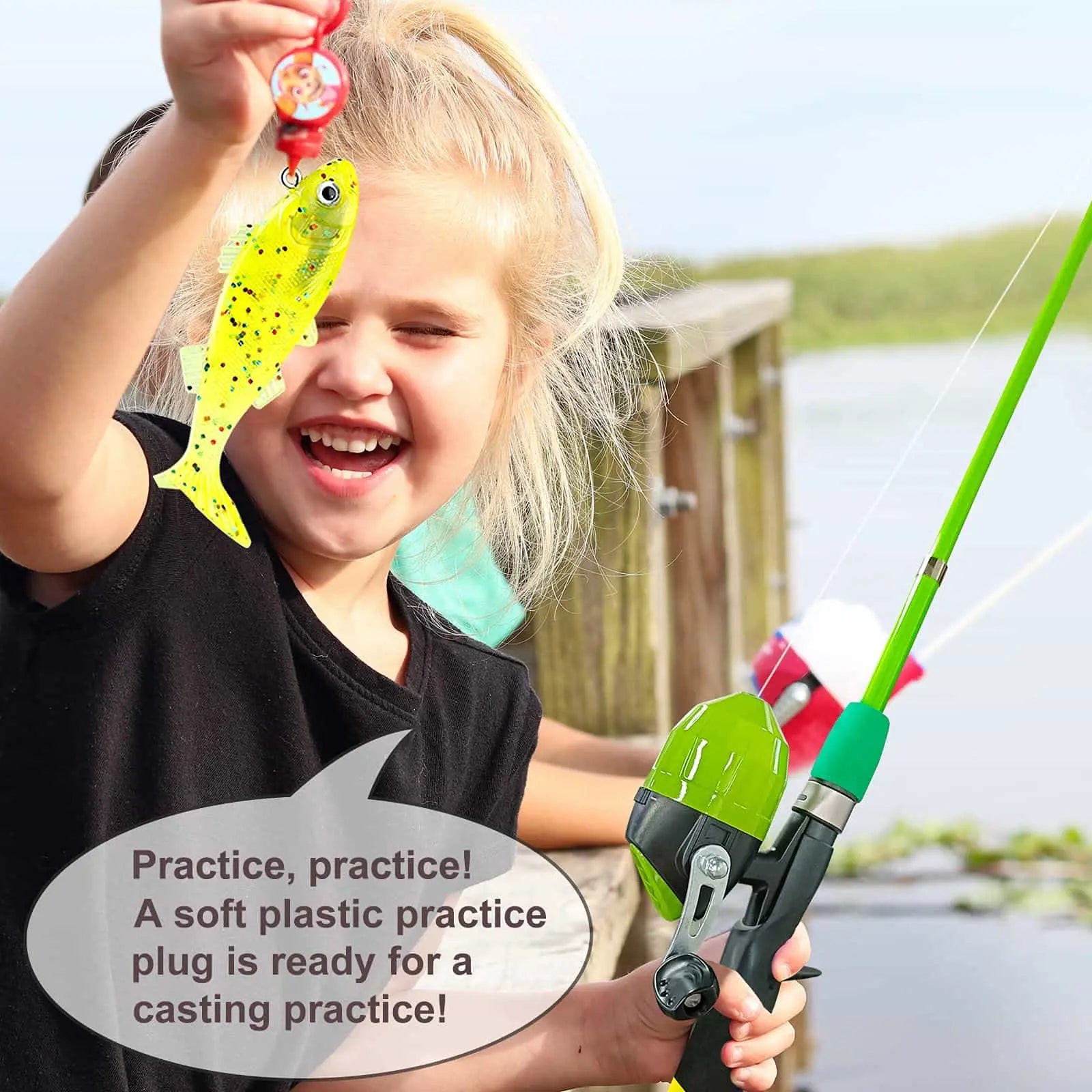 Kids Open Faced Spinning Green Beginner Fishing Pole Starter Kit Rod and  Reel